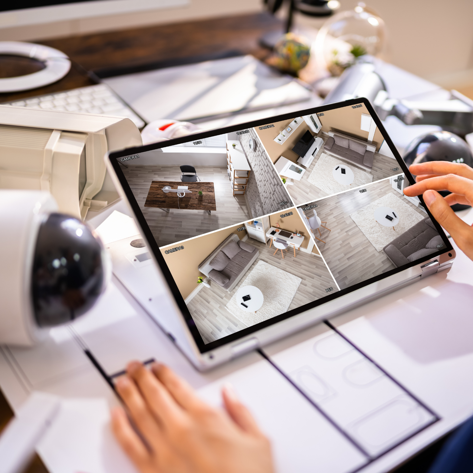Person with iPad watching video surveillance